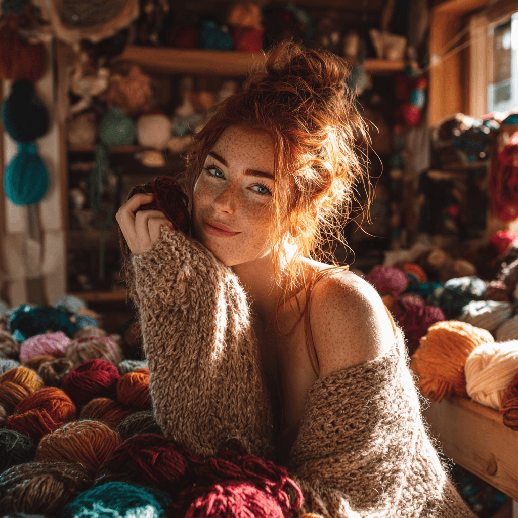 Crafter surrounded by colorful yarn