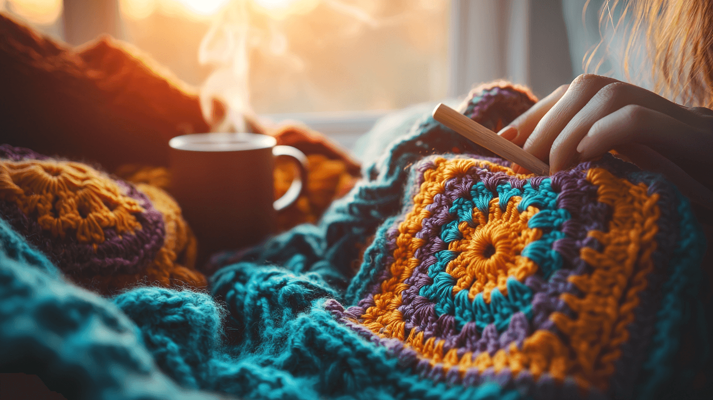 Crafter picking up crochet project